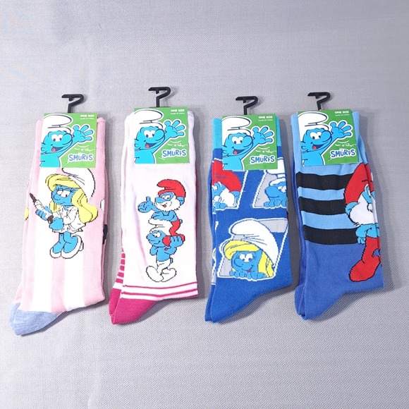 Lot of 4 The Smurfs Unisex One Size Shoe Size 7-12 Novelty Socks Fun Cartoon - Picture 1 of 7